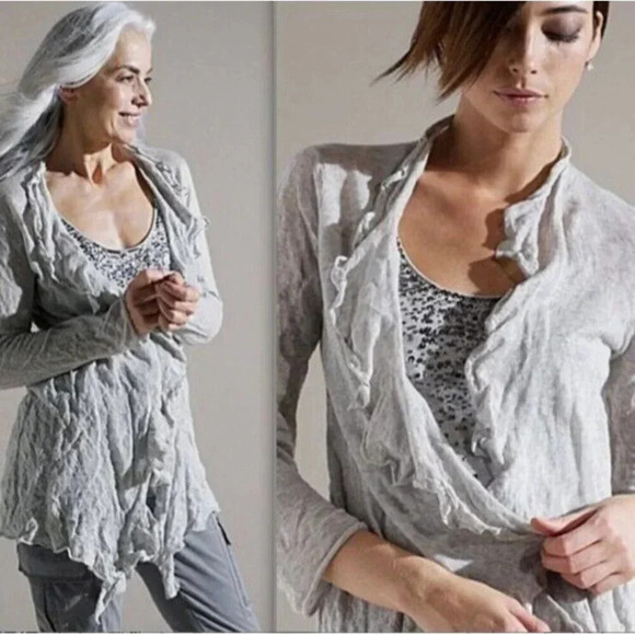 Eileen Fisher Duster Cardigan Petite L Silk Cashmere Blend Crinkle Crush Flutter - Picture 2 of 14